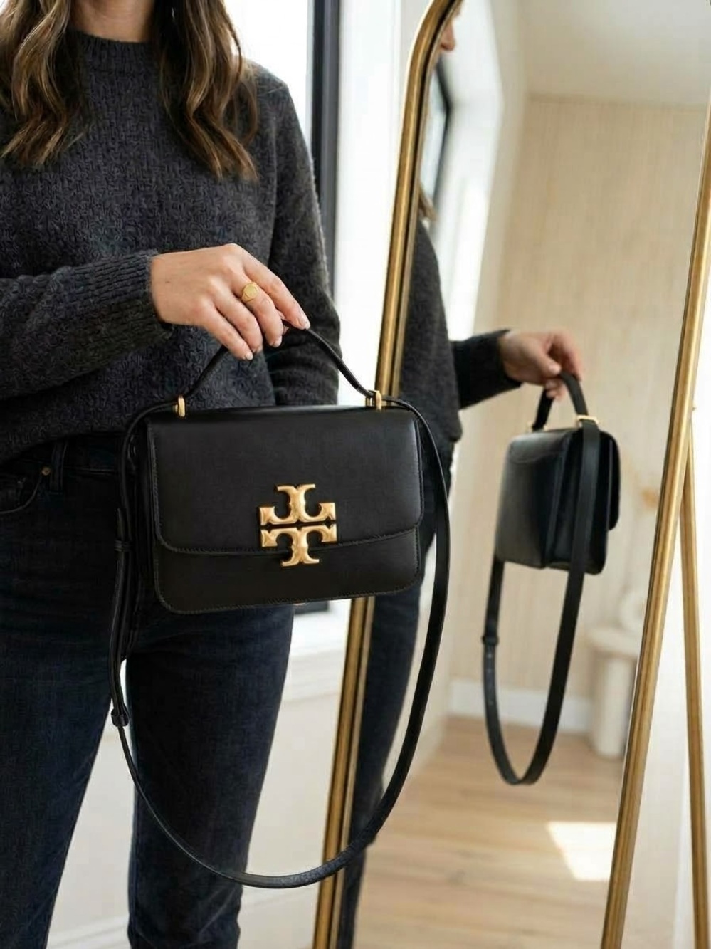 Tory Burch Black Leather Crossbody Bag with Gold Logo